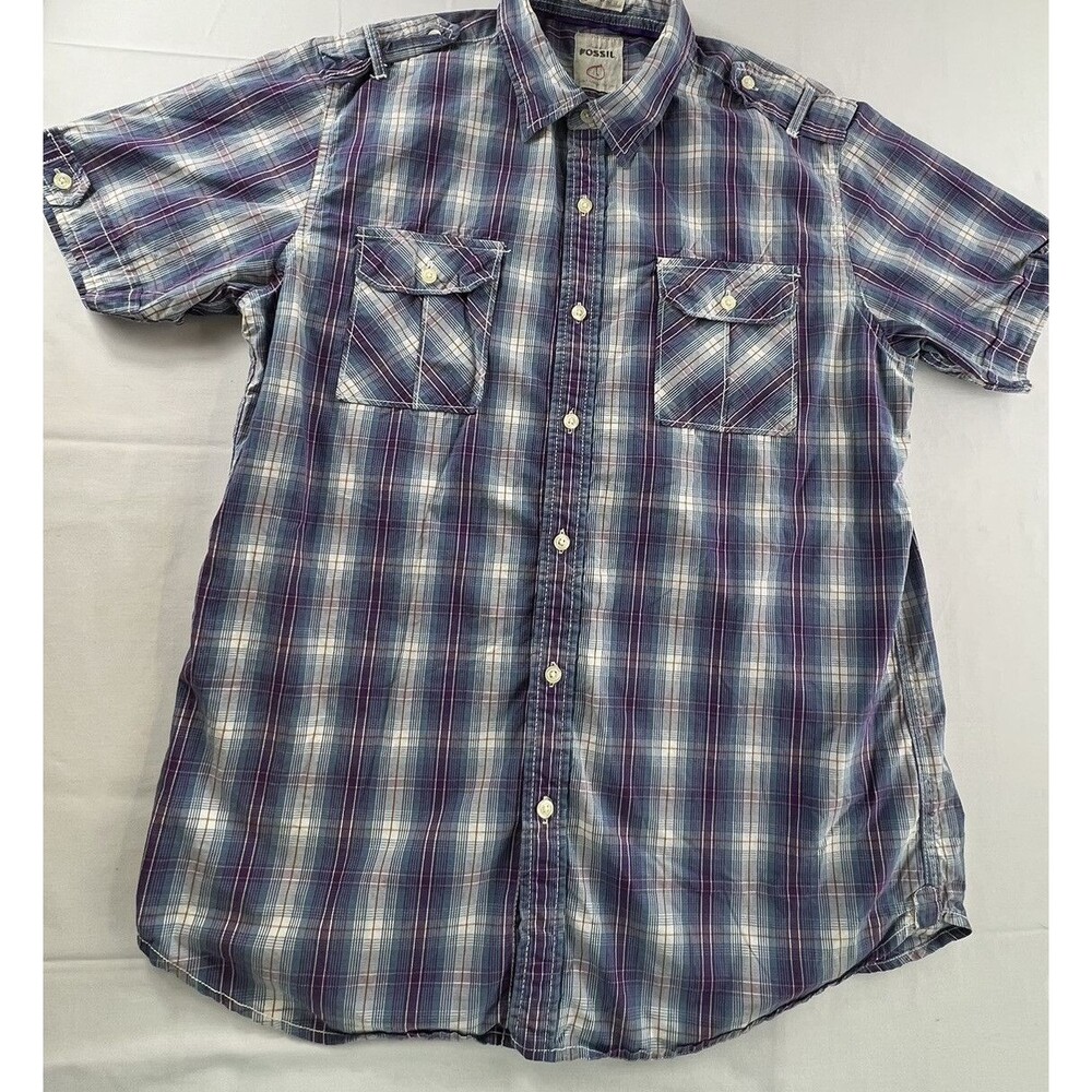 Fossil Mens Plaid Short sleeve Button Up Cuffed Sleeves Flap Pockets Sz L